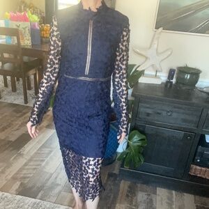 Bardot Blue Lace Long Sleeve Open Back Dress